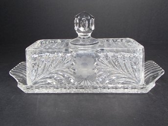 Vintage Cut Glass Diamond And Floral Pattern Butter Dish
