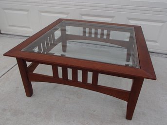 Vintage Quality Ethan Allen Beveled Glass Top Square Mission Style Coffee Table
