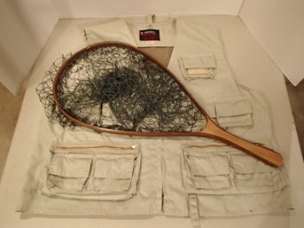 Vintage Nesco Fishing Vest & Wood Handled Fishing Net