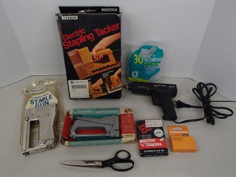 Electric Stapling Tacker Stapler Staples, Hot Glue Gun And Wiss Pinking Shears