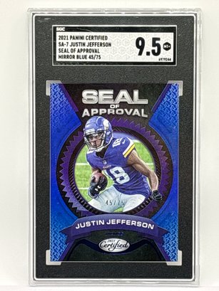 45/75!! 2021 PANINI CERTIFIED SA-7 JUSTIN JEFFERSON SEAL OF APPROVAL MIRROR BLUE SP GRADED SGC MINT 9.5