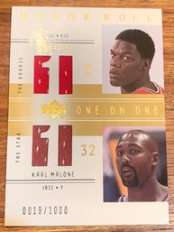19/1000 2002 UPPER DECK HONOR ROLL KARL MALONE & EDDY CURRY RC ONE ON ONE AUTHENTIC GAME WORN JERSEY
