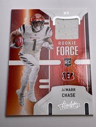 2021 PANINI ABSOLUTE SP RF-JMC JAMARR CHASE ROOKIE FORCE AUTHENTIC GAME WORN JERSEY ROOKIE CARD