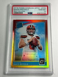 2018 PANINI DONRUSS OPTIC BAKER MAYFIELD RED/YELLOW RATED ROOKIE CARD GRADED PSA GEM MINT 10