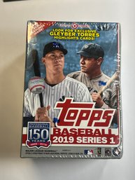 FACTORY SEALED TOPPS 2019 BASEBALL SERIES 1 CARDS BOX INCLUDING A COMMEMORATIVE PATCH CARD