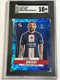 RARE BLUE 2022-23 TOPPS UEFA #135 LIONEL MESSI CLUB COMPETITIONS SUPERSTARS GRADED SGC GEM MINT 10