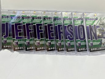 COMPLETE JUSTIN JEFFERSON 2023 PANINI SPELLBOUND GREEN AND PURPLE LETTERS SET