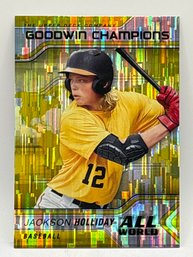 RARE 2023 UPPER DECK GOODWIN CHAMPIONS AW-11 JACKSON HOLIDAY ALL WORLD YELLOW FOIL ROOKIE CARD INSERT