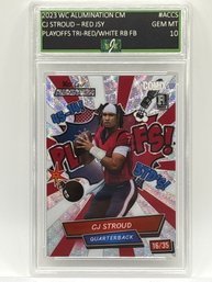 16/35!!! 2023 WC ALUMINATION COMICS CASE HIT #ACCS CJ STROUD RED JERSEY PLAYOFFS TRI COLOR RC GRADED EJE GM 10