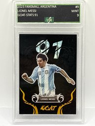 RARE 2/91!! 2023 FANSMALL ARGENTINA #9 LIONEL MESSI GOAT STATS 91 PROFESSIONALLY GRADED EJE GRADING MINT 9