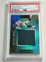 JALEN HURTS RC!! 2020 PANINI ILLUSIONS JALEN HURTS INSTANT IMPACT RELICS PATCH ROOKIE CARD GRADED PSA  NM 7