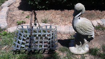 Stone Swan Statue & Metal Basket