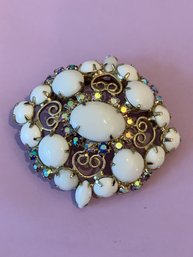 Vintage Milk Glass Opaline Rhinestone Brooch