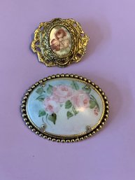 Vntg Hand Painted Porcelain Rose Floral Brooch