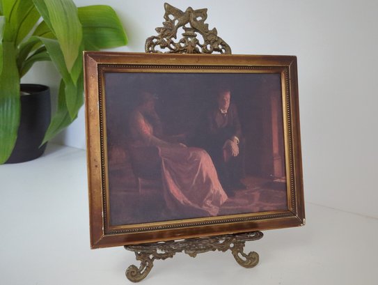 Moody Antique Lithograph Print With Antique Looking Brass Picture Or Book Holder