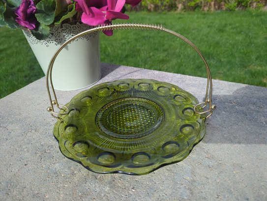 Vintage Mid-century Modern MCM Olive Glass Serving Tray With Brass Handle - 11-In Diameter