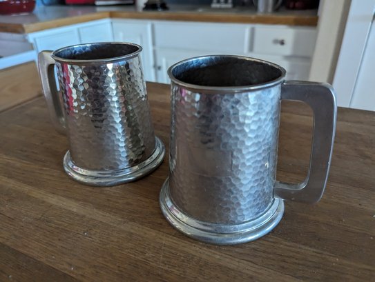 SHEFFIELD Hammered Finish PEWTER Beer Stein Mugs - PAIR - See Through Bottom - Made In England