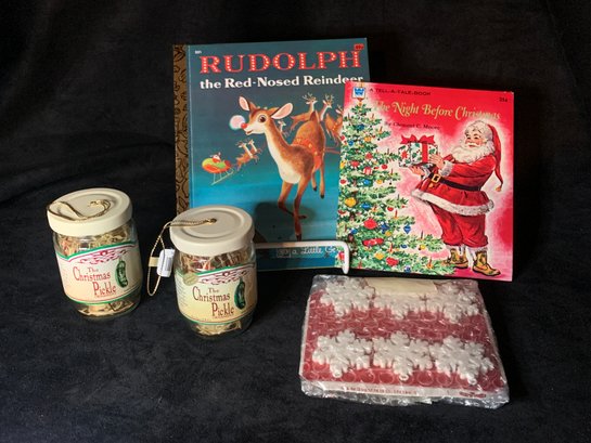 Vintage Christmas Rudolph Books Christmas Pickle Ornaments Snowflakes.