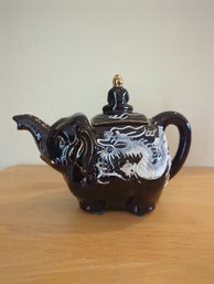 Black Elephant Teapot With Gold Enamel And White Dragon Cameo Effect