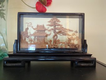 Small Vintage Japanese Carved Cork Art Piece Space Is 12 In Wide, Piece Is 10 Inches Wide And 7 In Tall