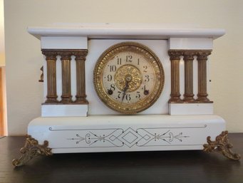 1880 'Adamantine' White Clock With Gold Lion Handles - Seth Thomas. Manufactured In The US