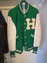 Vintage Green And Cream Varsity Letterman Jacket With H- Made By Whiting Los Angeles