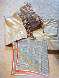 Vintage Brown And Tan Silk Wrap And Silk Houndstooth And Brown Handkerchief