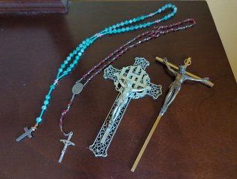 Religious Iconography- Gold Medal Crucifix- Silver Plastic Crucifix- Two Beaded Rosaries