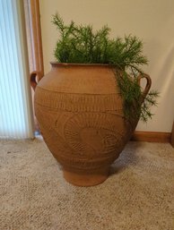 Large Double Handled Terracotta Plant Pot With Faux Greenery- 18 In Wide By 20 In Tall