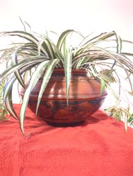 Large Decorative Carved Planter With Faux Fern