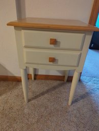 Ethan Allen Cream And Oak Side Table With Two Drawers- 18 Inches Wide By 15 In Deep By 25 In Tall- One Of Two