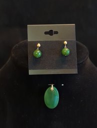 Gold And Green Imitation Jade Stone Earrings And Pendant Set