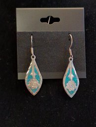 Teardrop Sterling Silver And Turquoise Color Earrings  Floral Design Art Deco Style Marked 925 Made In Mexico