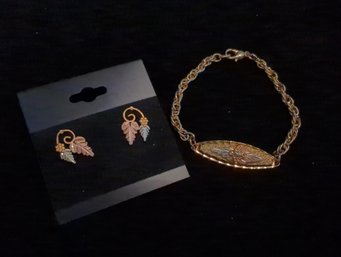 10K Black Hills Gold Marked Bracelet And Earrings With Leaf Design