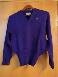 Vintage Purple 100 Pure Wool Gathered Crop Waste Purple Sweater With Chevron Arm Patches -  Size S/M