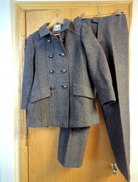 Very Vintage Designer Heavy Knit Striped Wool Suit With Navy Pea Coat Style Jacket And Matching Trousers