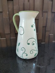Tall Cream Stoneware Pitcher With Green Leaf Design -12 In Tall