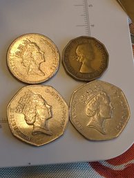 4 British Coins : Two 1997 50 Pence Pieces, One 1992 10 Pence Piece And One 1953 Three Pence Coin