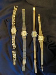 4 Ladies Gold Tone Watches - Gruen  With Diamond Chips, Gold Tone Citizen,  Loris, Seiko Needs Repair To Band