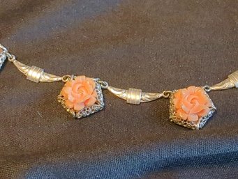 Antique Art Deco Style Silver Tone Necklace With Rose Beads... Coral, Carnelian, Celluloid? Unknown