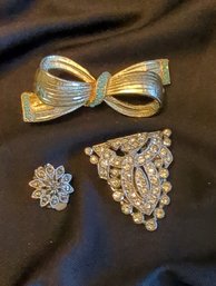 3pc Vintage Jewelry Lot- Gold Tone Broach W Beads, Silver Tone Shoe Clip Marked CP England, Marcasite Clip-On
