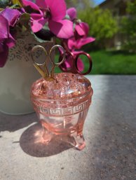Depression Glass Pink Small Vase W Flower Frog, Greek Key - 4.5' Tall - Great For Holding Other Items Too!
