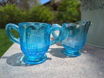 Blue CARNIVAL Glass MINI Cream And Sugar Grape Pattern By Summit Art Glass - 3 Inches Tall