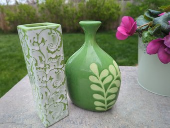 Two Pieces Of Lime Green Porcelain Decor - Crate And Barrel - Both Are 8 In Tall