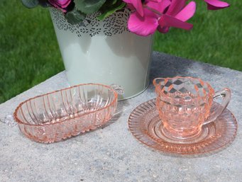 Three Pieces Of Pink 1930s Depression Glass