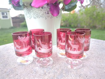 Set Of Six Austrian Crystal Cranberry Cut To Clear Shot Glasses Or Brandy Dessert