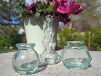 3 MINI Glass Decor Lot - Bulb Jar Is 4.5 In TALL , Round Jar Is 2 In, Hexagonal Jar Is 2.25 In Tall