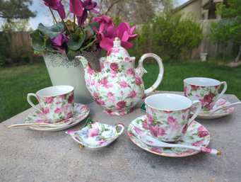 Victoria's Garden 11 Piece Tea Set - Teapot With Three Cups Saucers Spoons And Tea Bag Rest