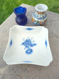 Antique 5-in German Porcelain Bowl, 3-in Hand-painted Small Flower Vase And Cobalt Blue Glass Toothpick Holder