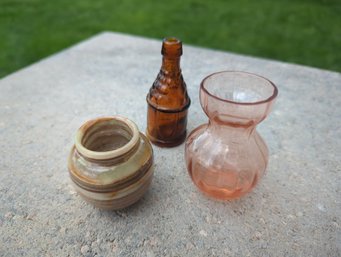 Three-Piece Mini Decor  One Panel Glass Pink Toothpick 3 In, Stone Vessel 2 In, Brown Glass Mini Bottle 3-in